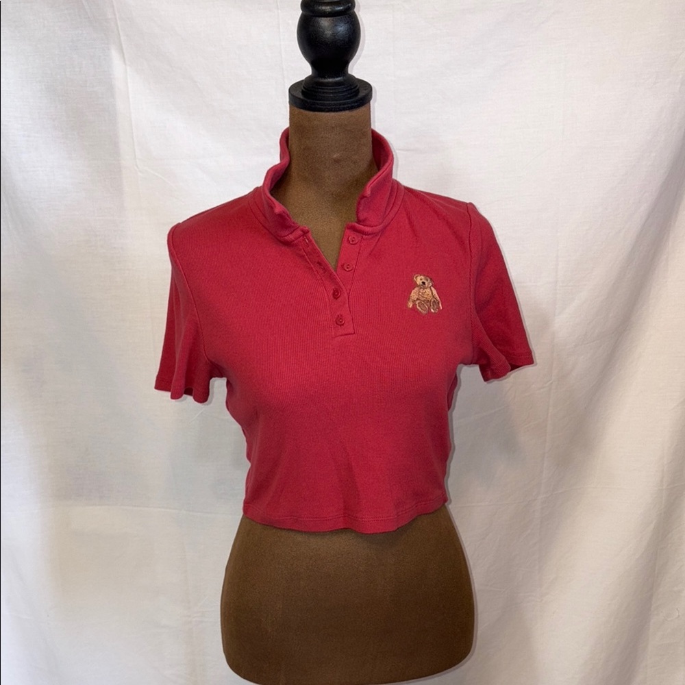 Forever 21 Red Ruffled Crop Polo Top